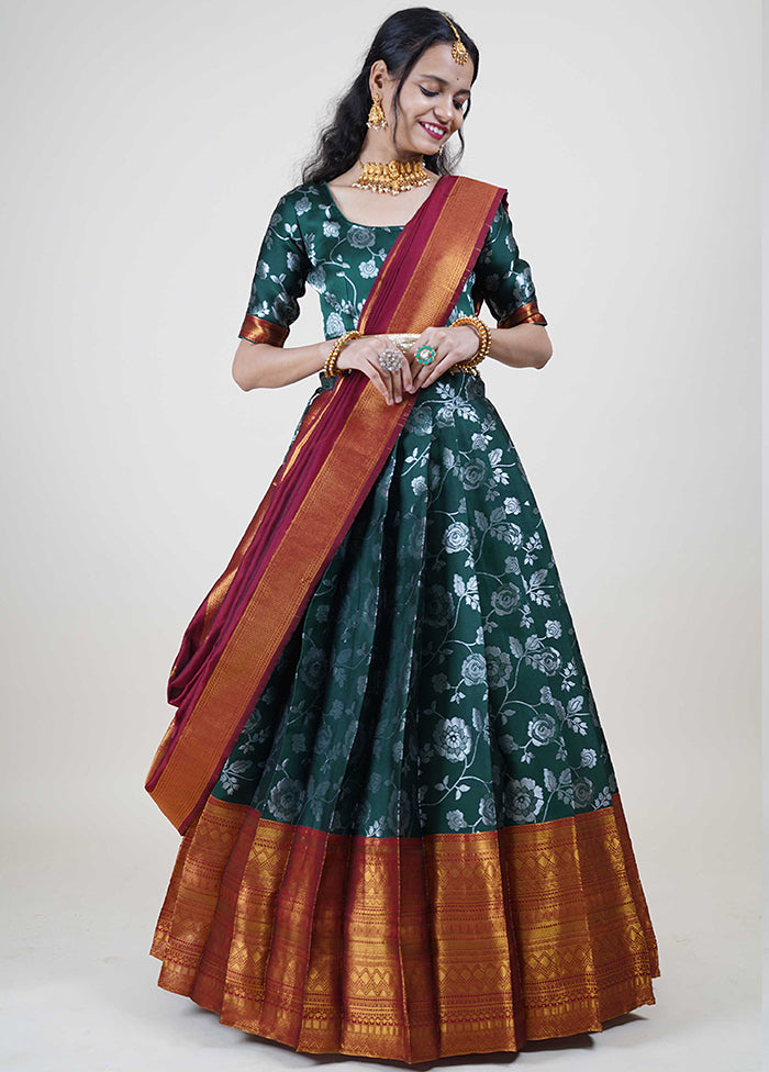 Bottle Green Silk Semi Stitched Lehenga Set