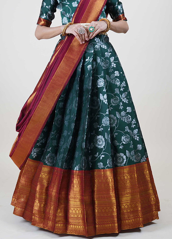 Bottle Green Silk Semi Stitched Lehenga Set