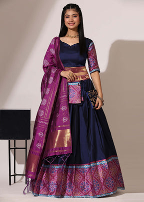 Navy Blue Silk Semi Stitched Lehenga Set