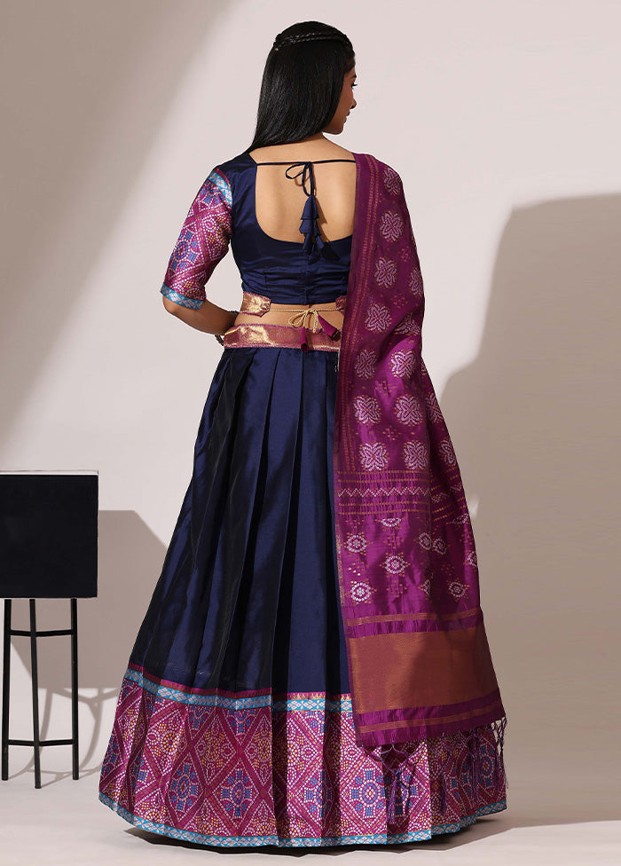 Navy Blue Silk Semi Stitched Lehenga Set