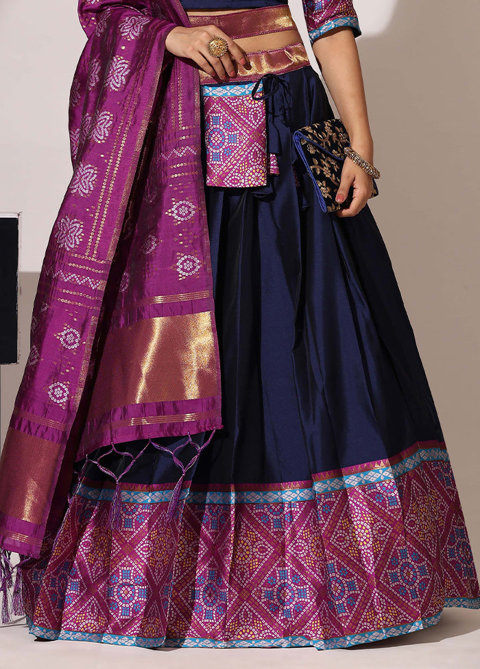 Navy Blue Silk Semi Stitched Lehenga Set