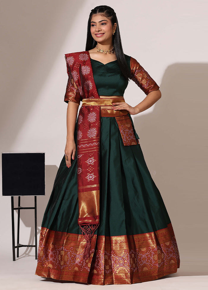 Bottle Green Silk Semi Stitched Lehenga Set