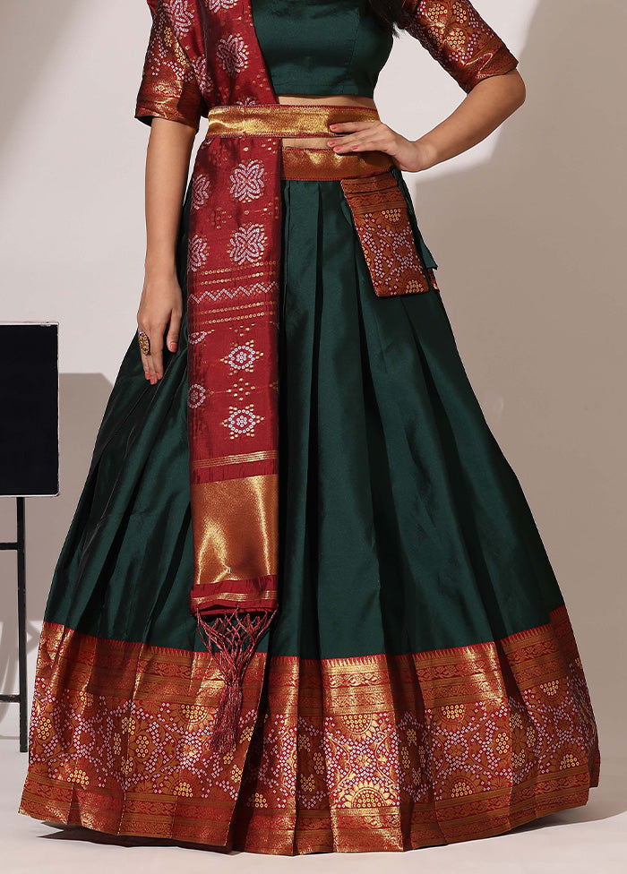 Bottle Green Silk Semi Stitched Lehenga Set