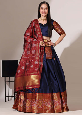 Navy Blue Silk Semi Stitched Lehenga Set