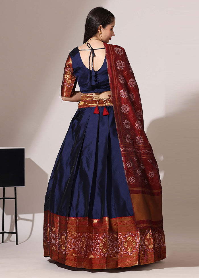 Navy Blue Silk Semi Stitched Lehenga Set