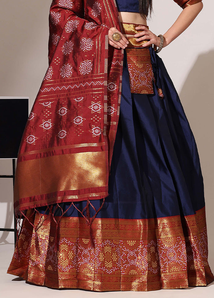 Navy Blue Silk Semi Stitched Lehenga Set