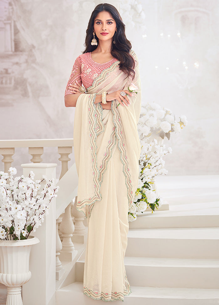 Off White Chiffon Silk Saree With Blouse Piece