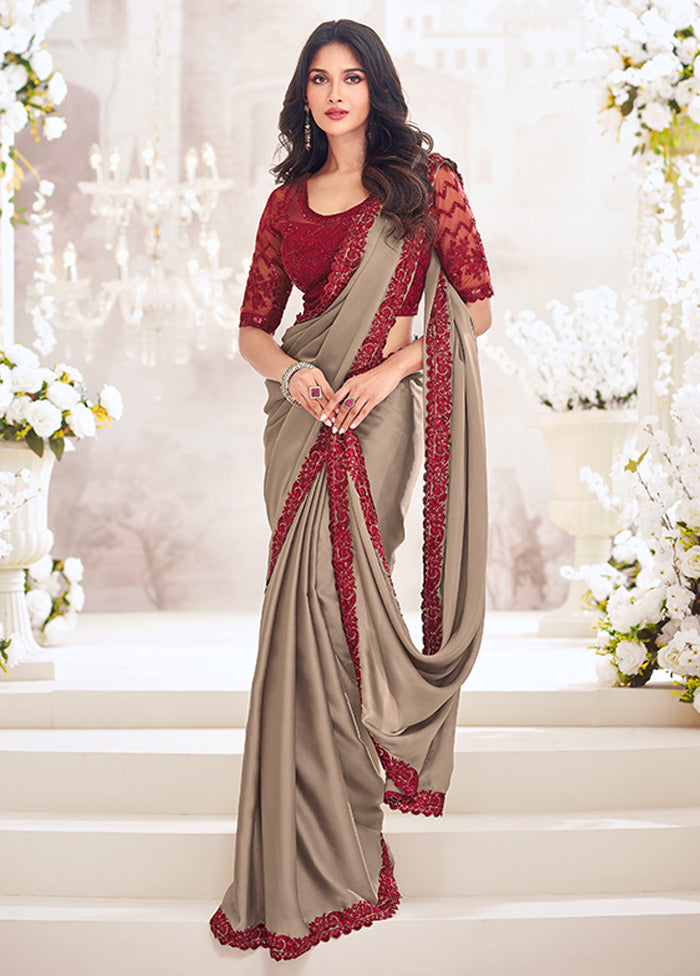 Beige Satin Silk Saree With Blouse Piece