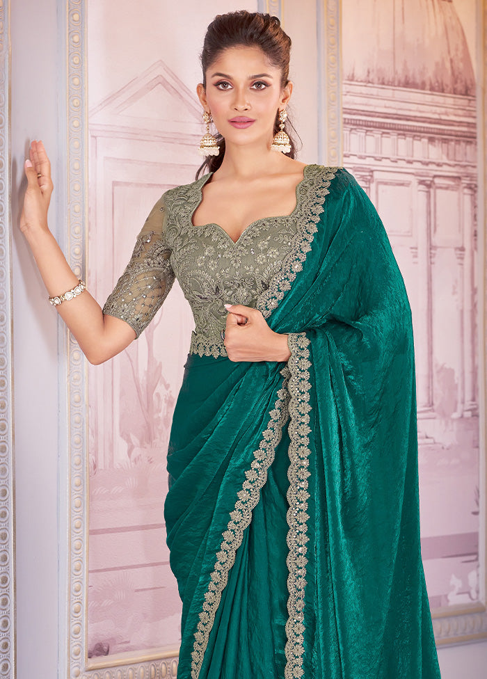 Green Satin Silk Saree With Blouse Piece