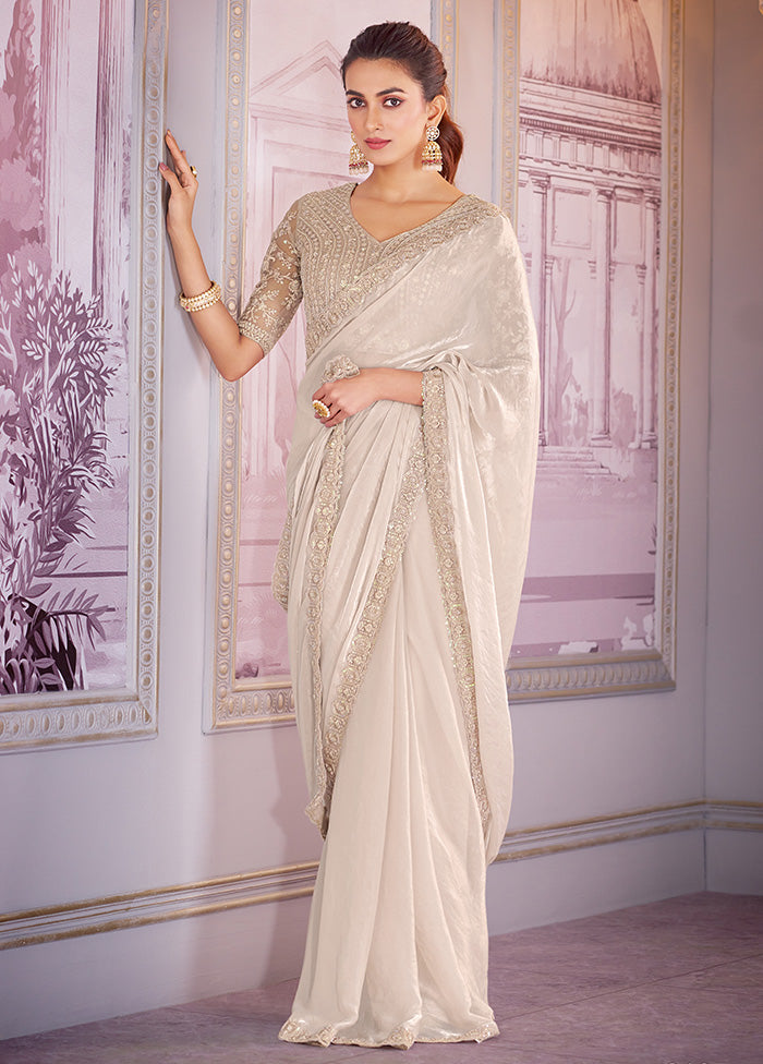 White Satin Silk Saree With Blouse Piece