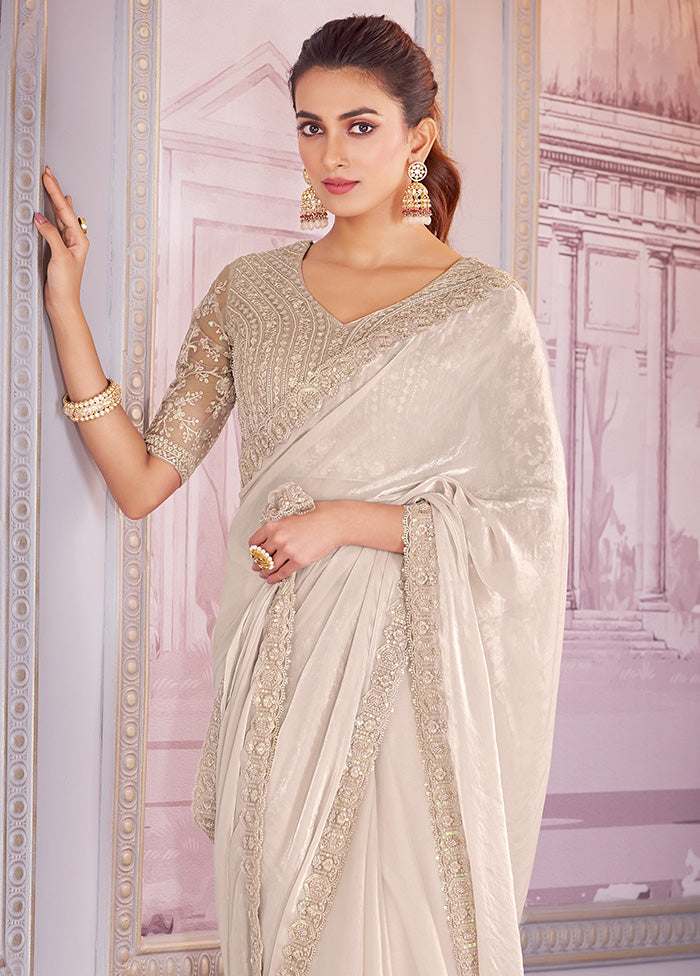 White Satin Silk Saree With Blouse Piece