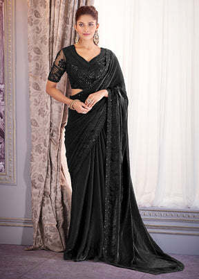 Black Satin Silk Saree With Blouse Piece