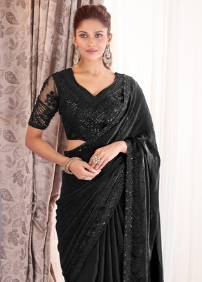 Black Satin Silk Saree With Blouse Piece