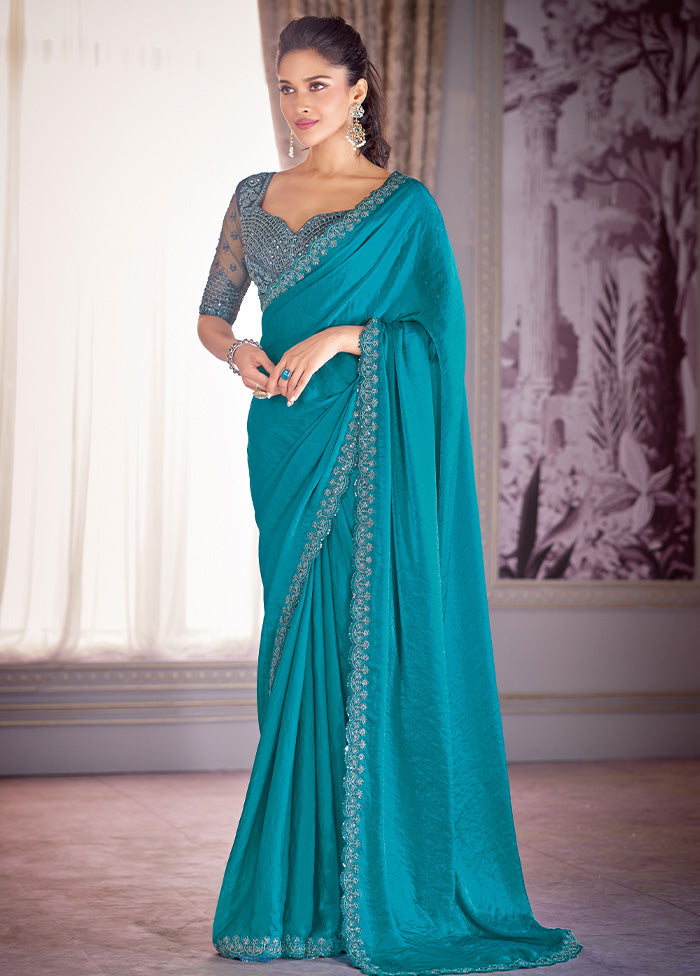 Sea Blue Satin Silk Saree With Blouse Piece