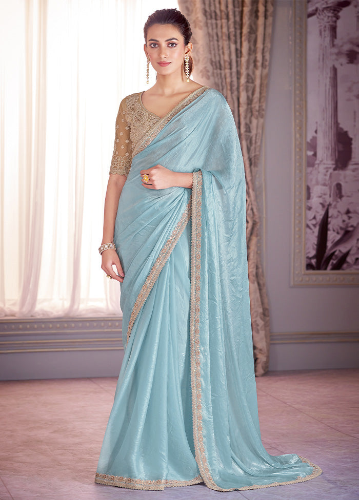 Turquoise Satin Silk Saree With Blouse Piece