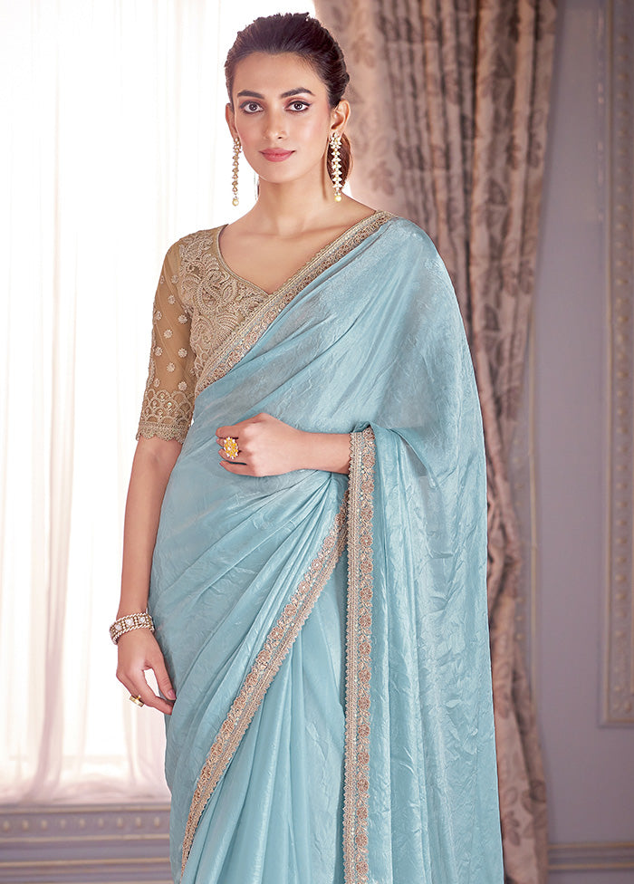 Turquoise Satin Silk Saree With Blouse Piece