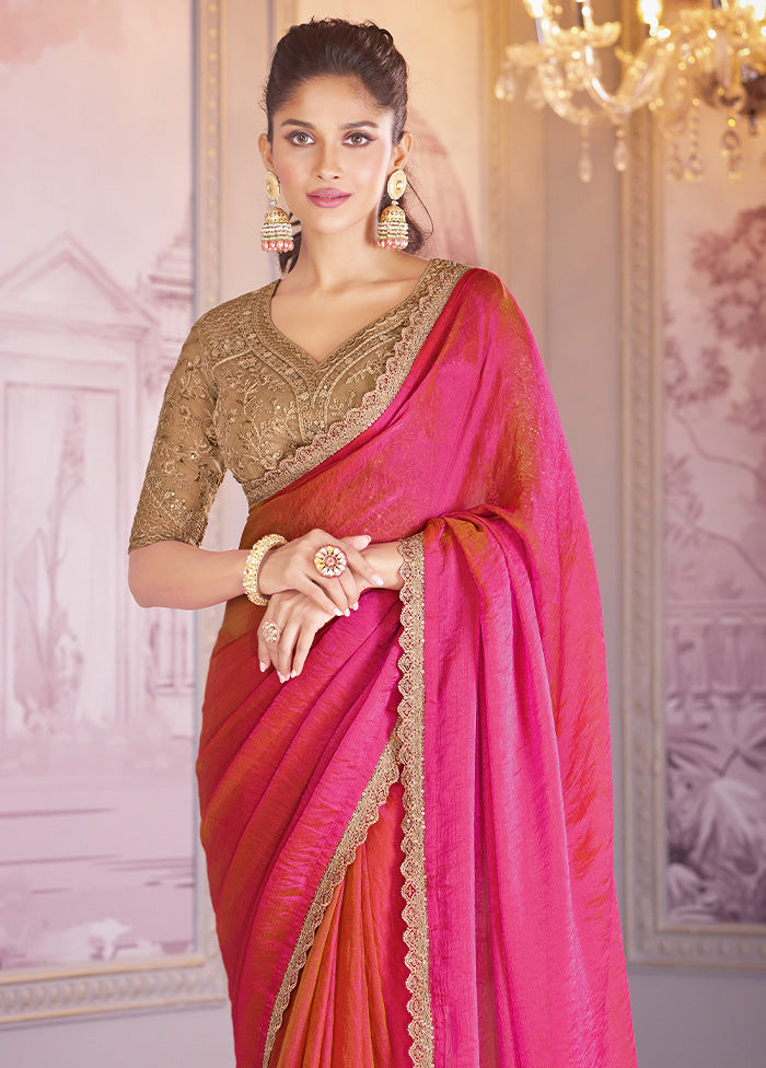 Pink Chiffon Silk Saree With Blouse Piece