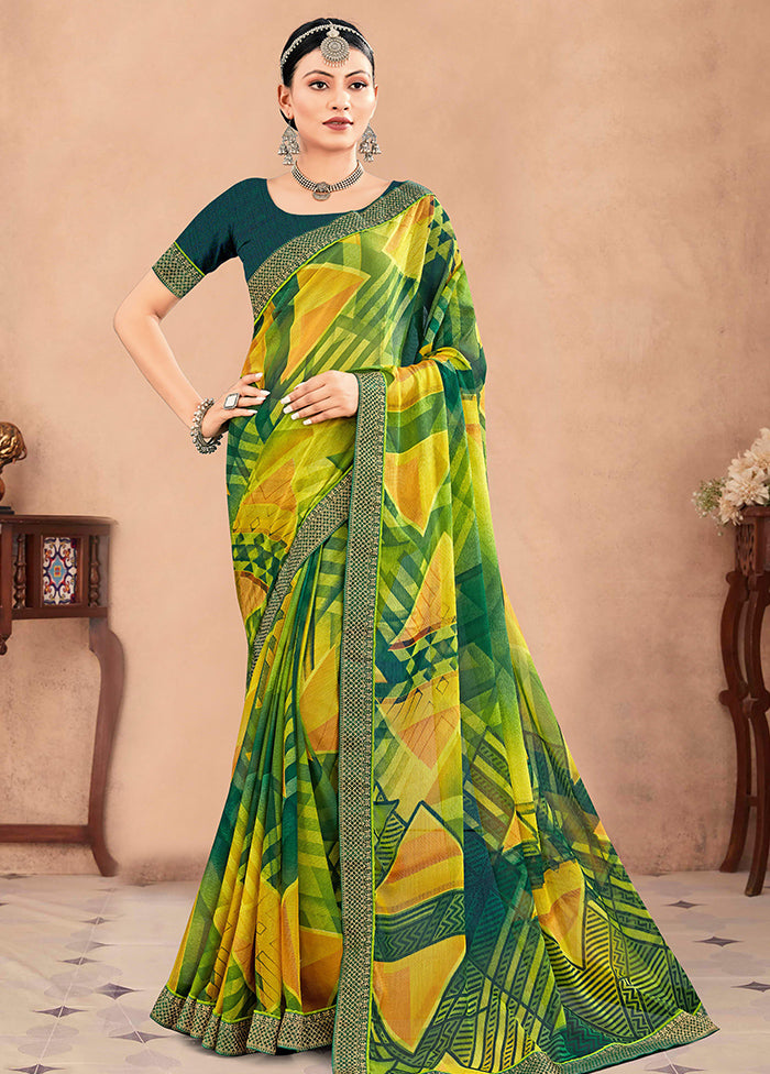 Green Chiffon Printed Work Saree With Blouse - Indian Silk House Agencies