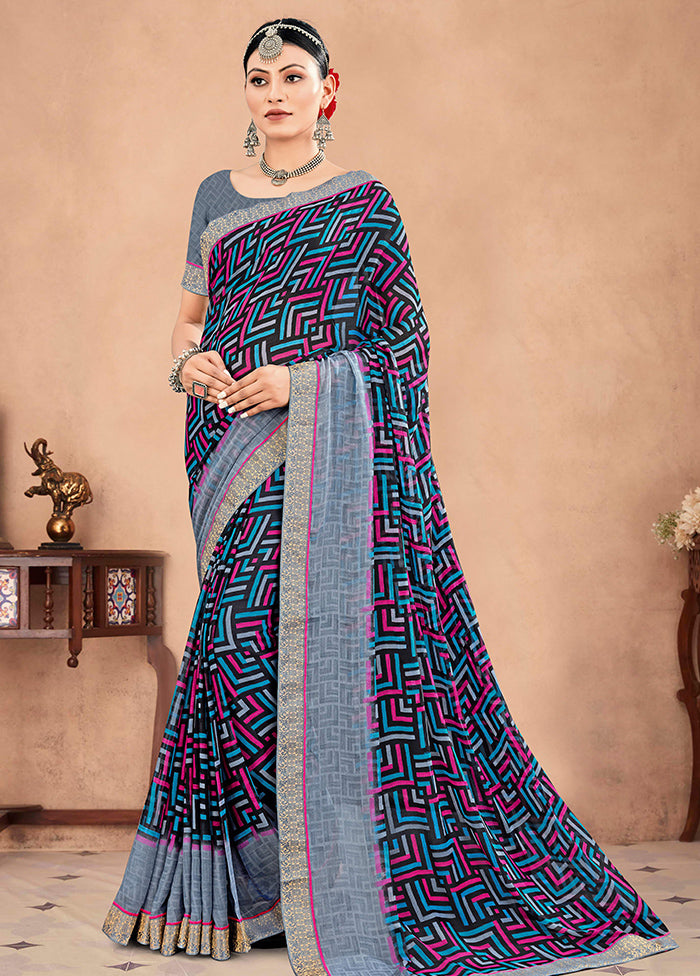 Blue Chiffon Printed Work Saree With Blouse - Indian Silk House Agencies