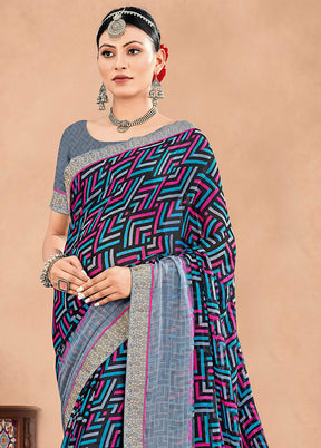 Blue Chiffon Printed Work Saree With Blouse - Indian Silk House Agencies
