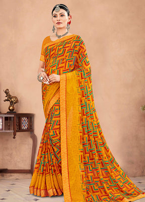 Yellow Chiffon Printed Work Saree With Blouse - Indian Silk House Agencies