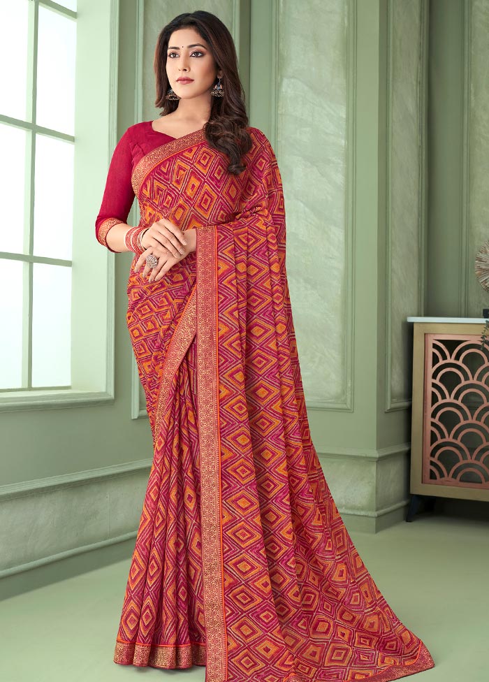 Dark Pink Chiffon Silk Saree With Blouse Piece - Indian Silk House Agencies