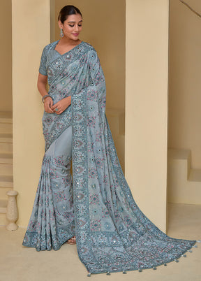 Grey Banarasi Pure Silk Saree With Blouse Piece