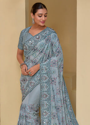 Grey Banarasi Pure Silk Saree With Blouse Piece