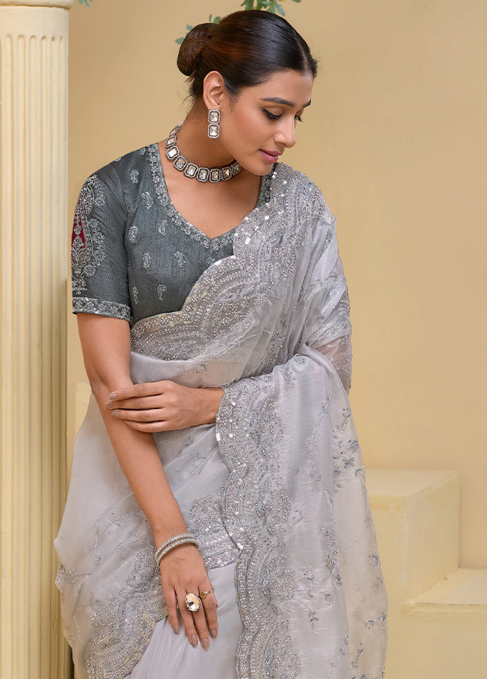 Grey Dupion Pure Silk Saree With Blouse Piece