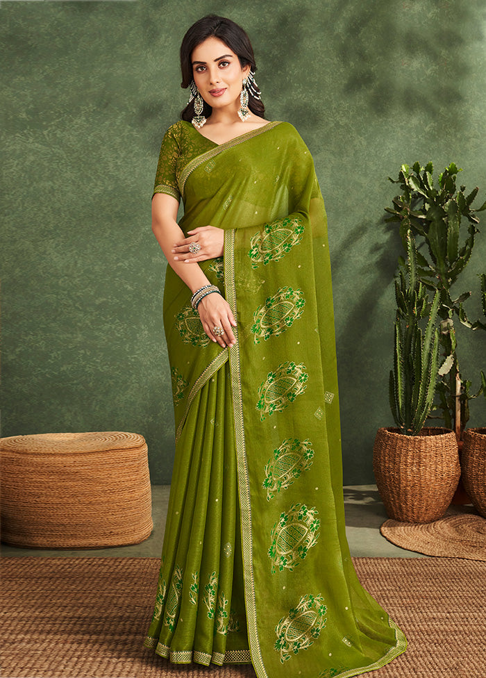 Olive Green Georgette Saree With Blouse Piece - Indian Silk House Agencies