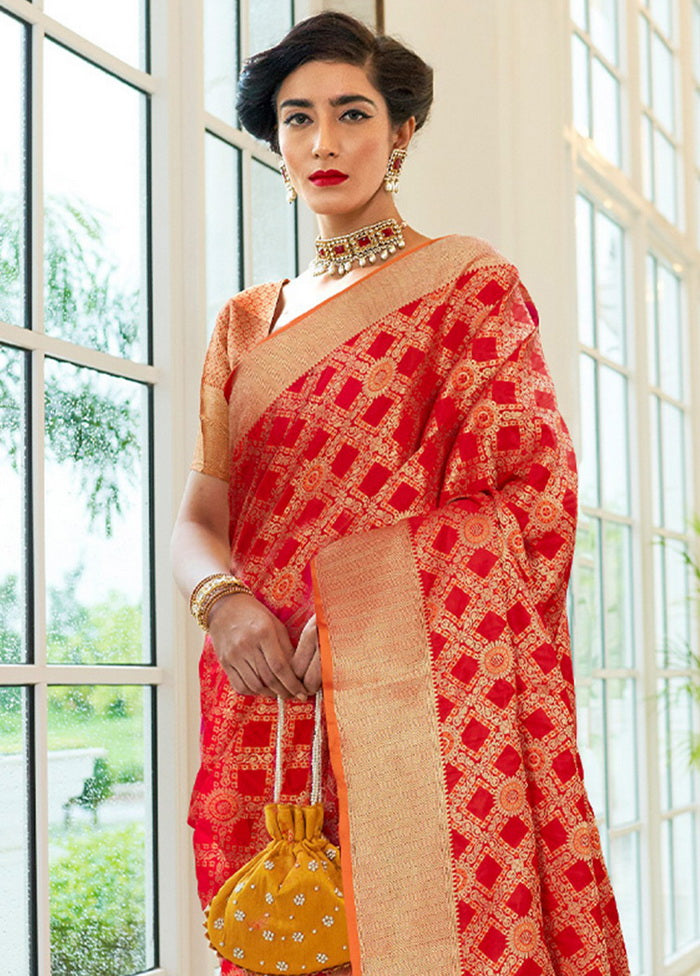 Red Silk Printed Saree With Blouse - Indian Silk House Agencies