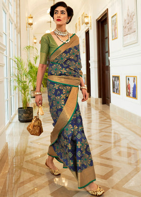 Blue Silk Printed Saree With Blouse - Indian Silk House Agencies