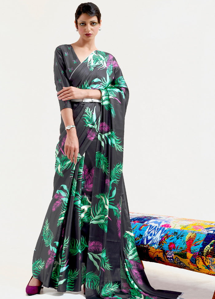 Black Satin Silk Saree With Blouse - Indian Silk House Agencies