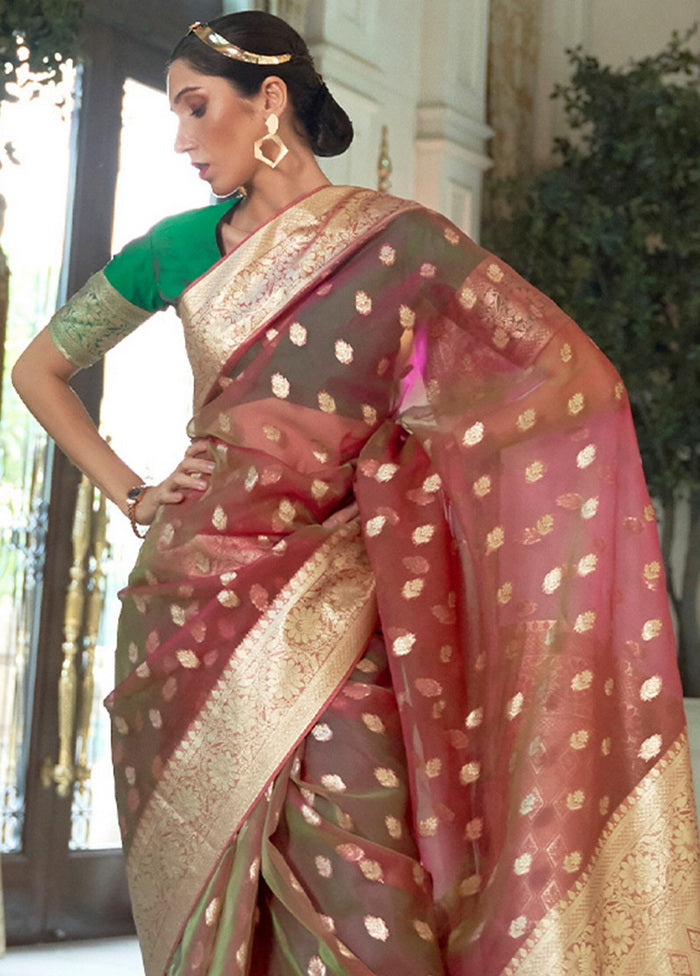 Rust Organza Woven Saree With Blouse - Indian Silk House Agencies