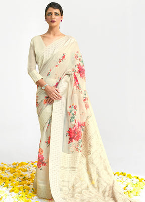 Beige Printed Linen Silk Saree With Blouse - Indian Silk House Agencies
