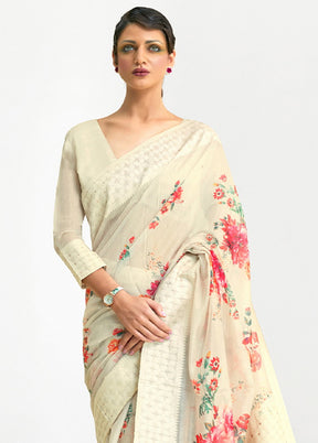 Beige Printed Linen Silk Saree With Blouse - Indian Silk House Agencies