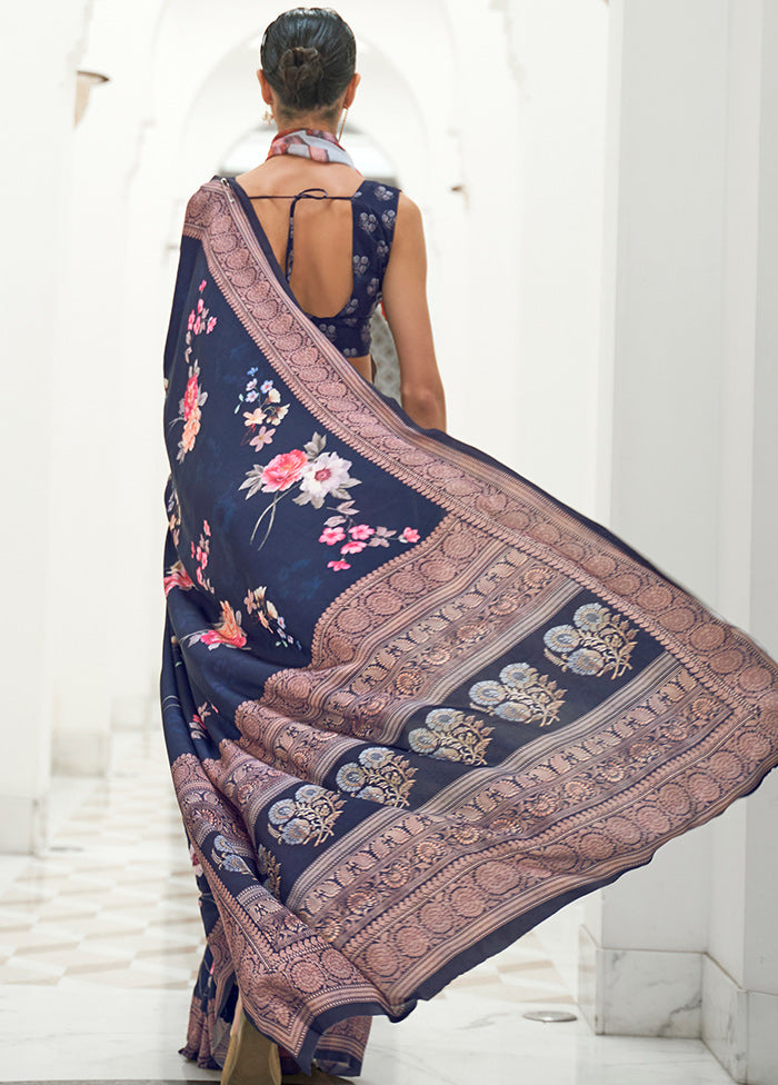 Navy Blue Crepe Woven Silk Saree With Blouse - Indian Silk House Agencies