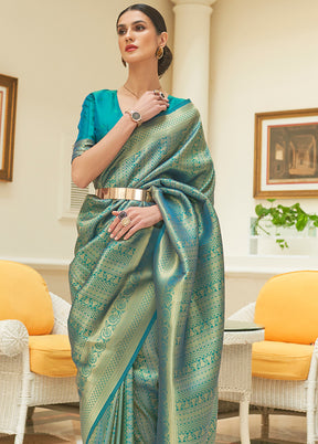 Blue Silk Zari Woven Saree With Blouse - Indian Silk House Agencies