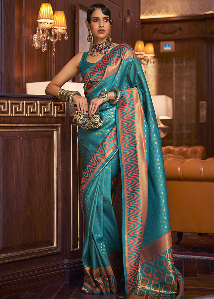 Rama Spun Silk Woven Work Saree With Blouse - Indian Silk House Agencies