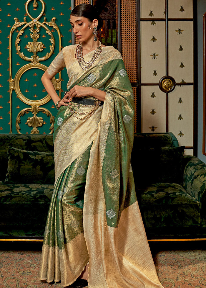 Green Spun Silk Saree With Blouse Piece - Indian Silk House Agencies