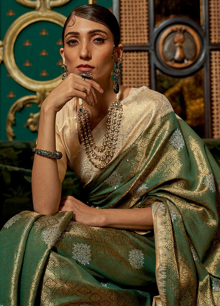 Green Spun Silk Saree With Blouse Piece - Indian Silk House Agencies