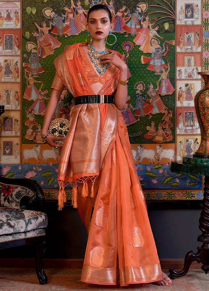 Orange Organza Sequence Work Saree With Blouse - Indian Silk House Agencies
