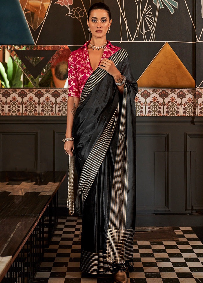 Black Satin Silk Saree With Blouse Piece