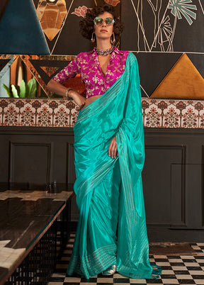 Turquoise Satin Silk Saree With Blouse Piece