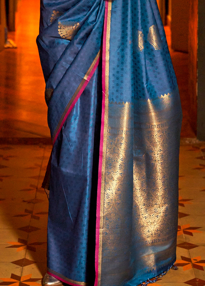 Blue Dupion Silk Saree With Blouse Piece