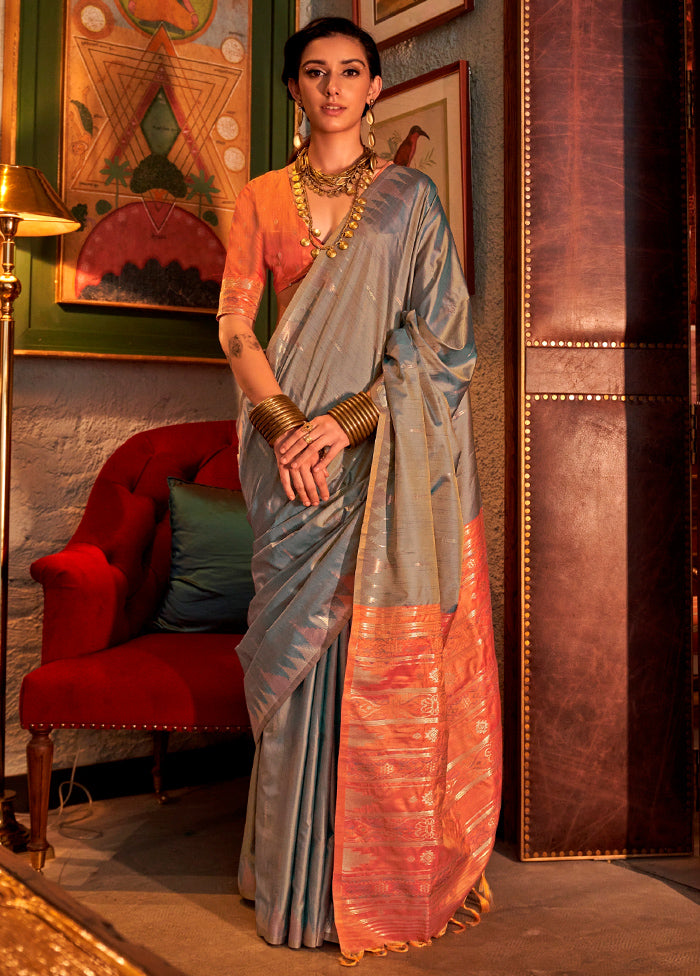 Grey Tussar Silk Saree With Blouse Piece