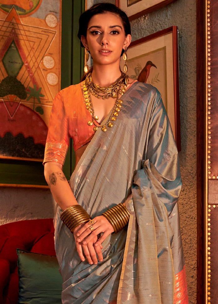 Grey Tussar Silk Saree With Blouse Piece