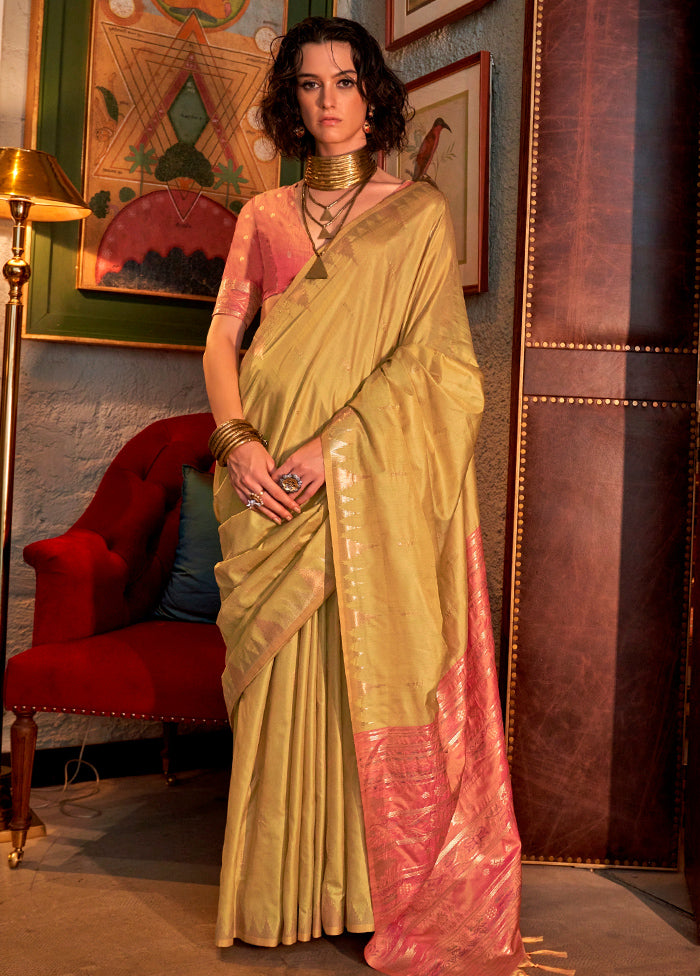 Lemon Green Tussar Silk Saree With Blouse Piece