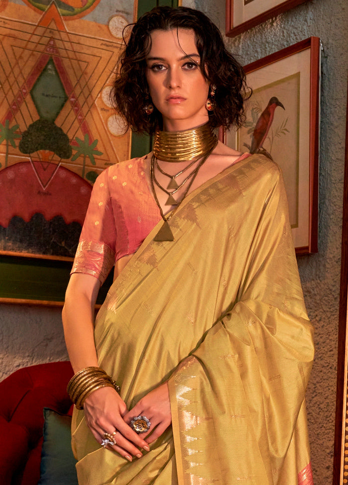 Lemon Green Tussar Silk Saree With Blouse Piece