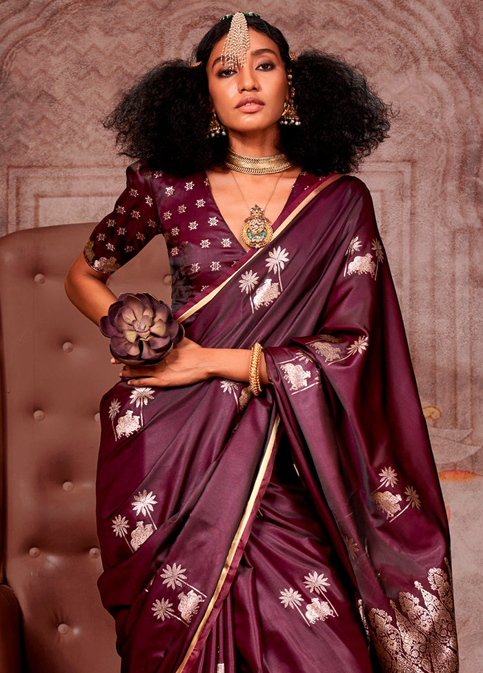 Wine Spun Silk Saree With Blouse Piece